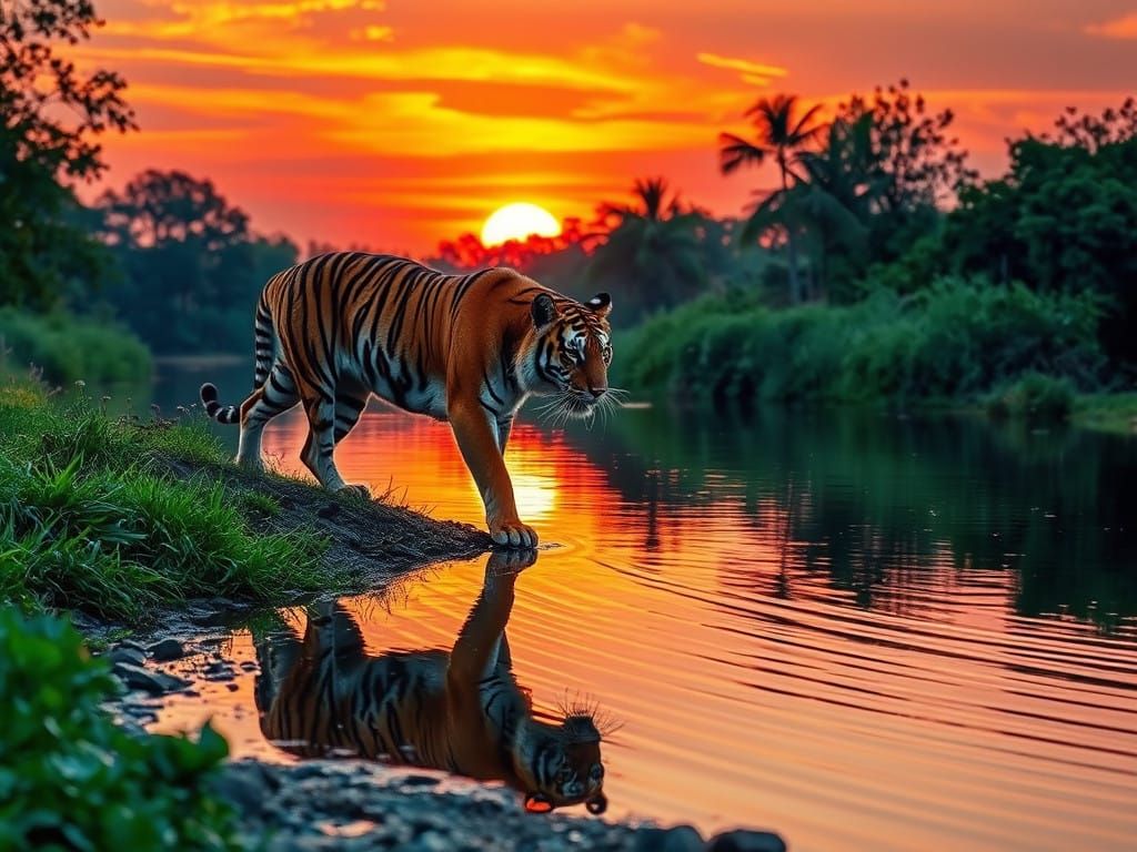 A majestic tiger prowling near a serene river at sunset, with its reflection shimmering in the water. ...  by @haightash wong