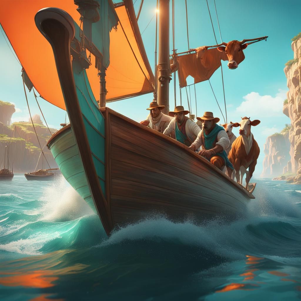 Cows sailing a boat