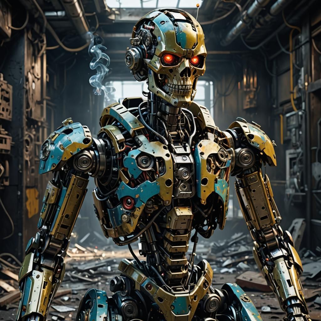 full-body portrait of remains of an android with parts every...