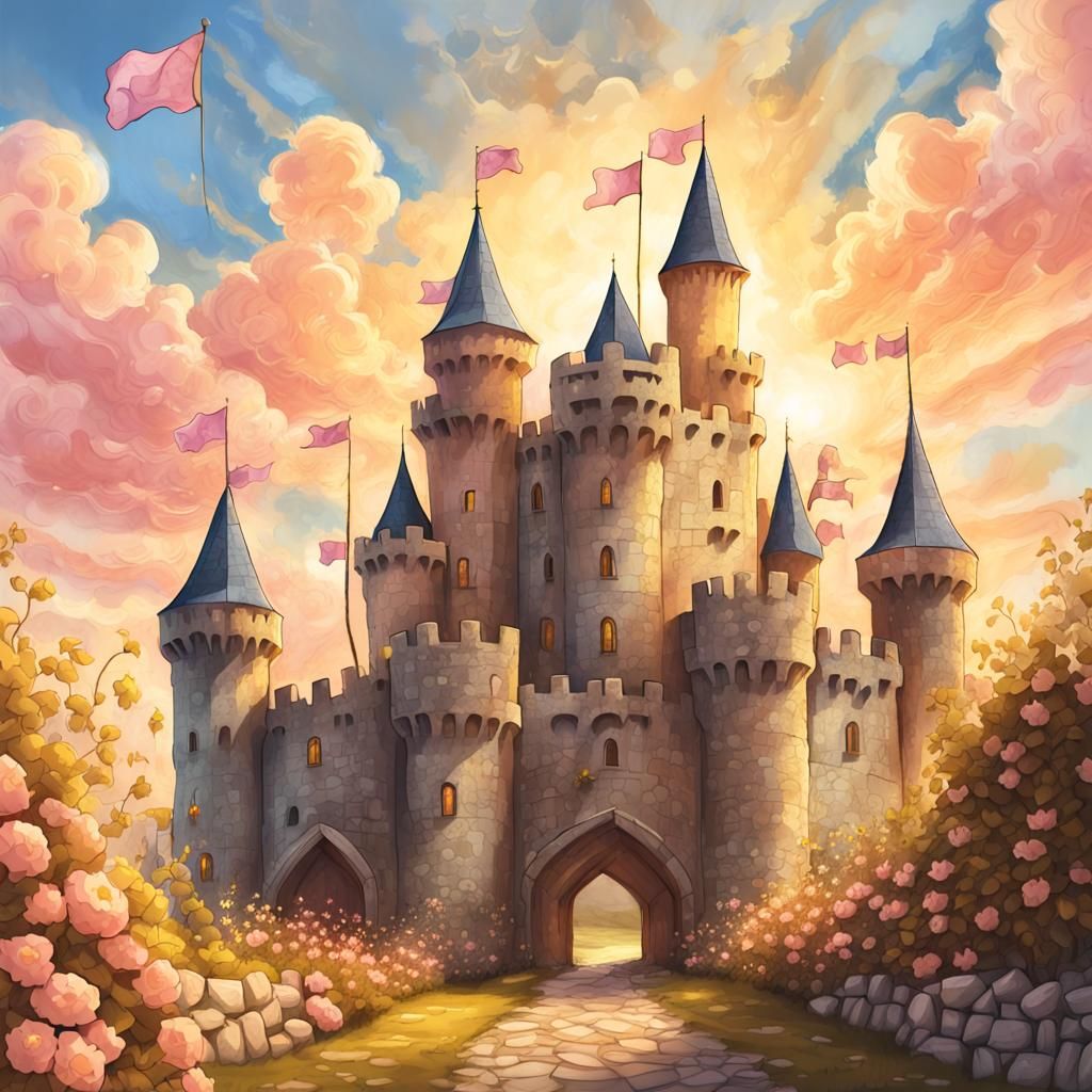 medieval fantasy castle colorized in the style of Thomas Kinkaid