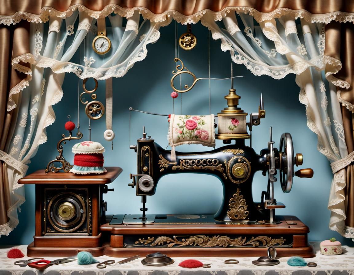 See-through antique sewing machine, detailed sculpture, rococo, scissors, pincushion, window, curtains, ...  by @Lijah