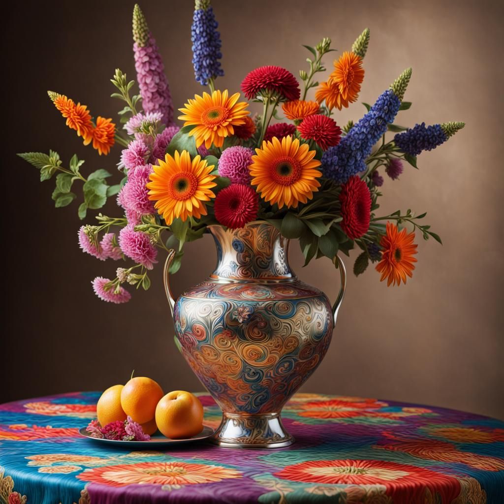 Flower vase still life on a table.   by @undefined