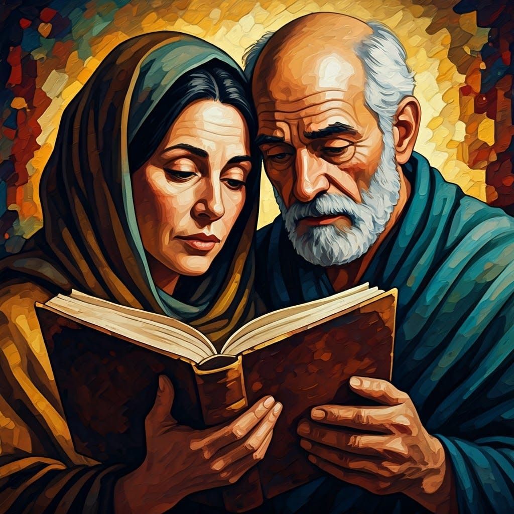 Reverent Couple Reading Scripture: Impasto Painting