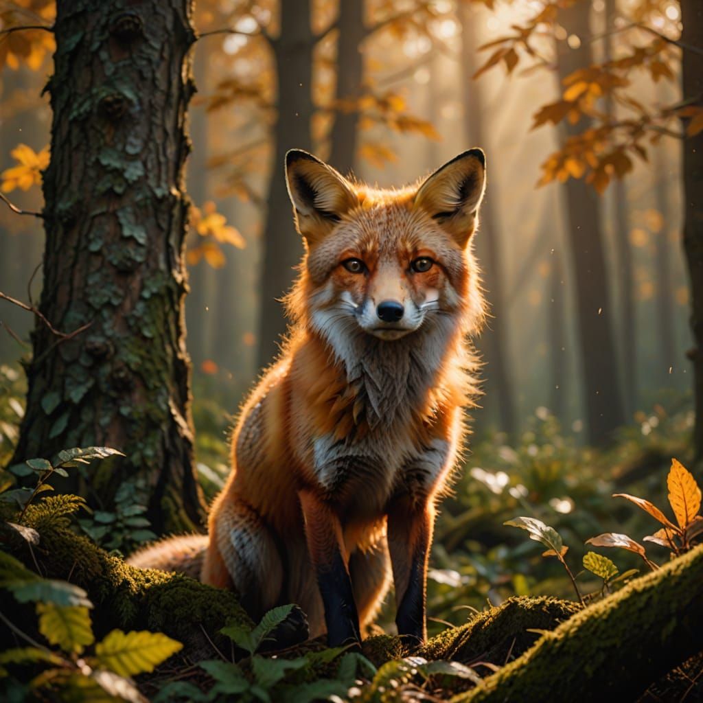 a majestic red fox standing in a misty enchanted forest, soft morning light filtering through ancient ...  by @mmalachias