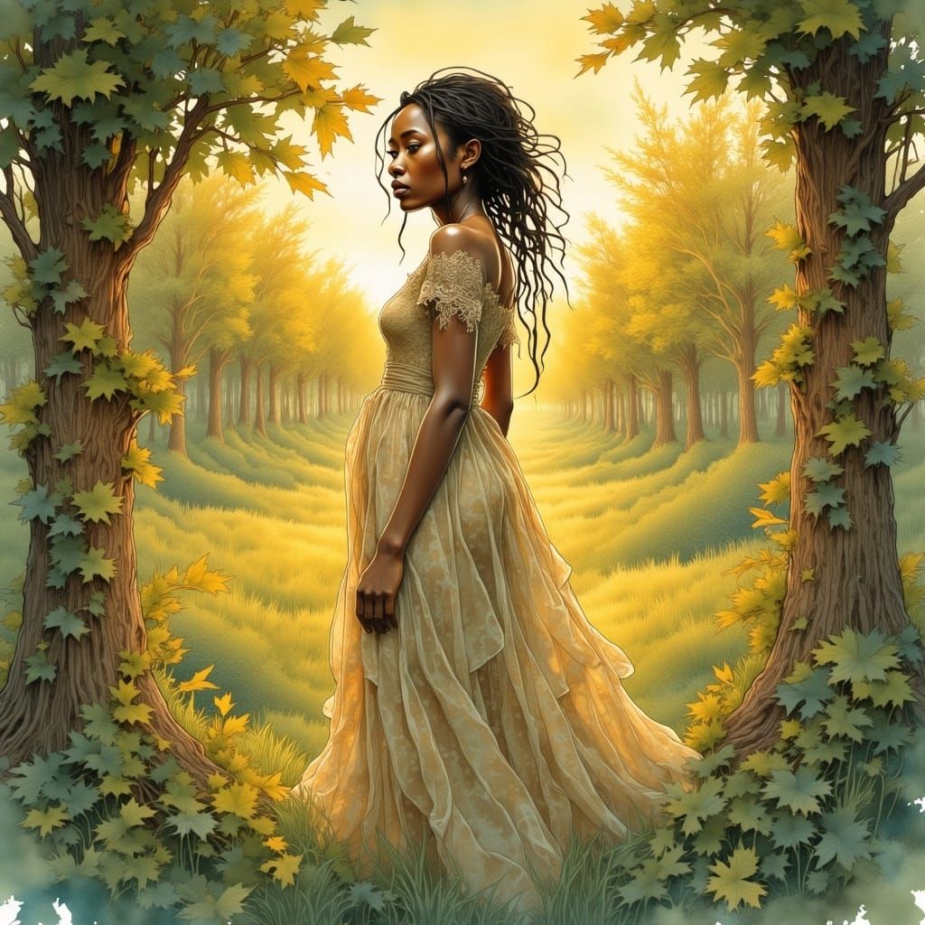 Ethiopian Beauty in golden lace dress in a frame g covered orchard at dawn, Digital watercolor Illustration of a summerscape sunrise, by Rég...