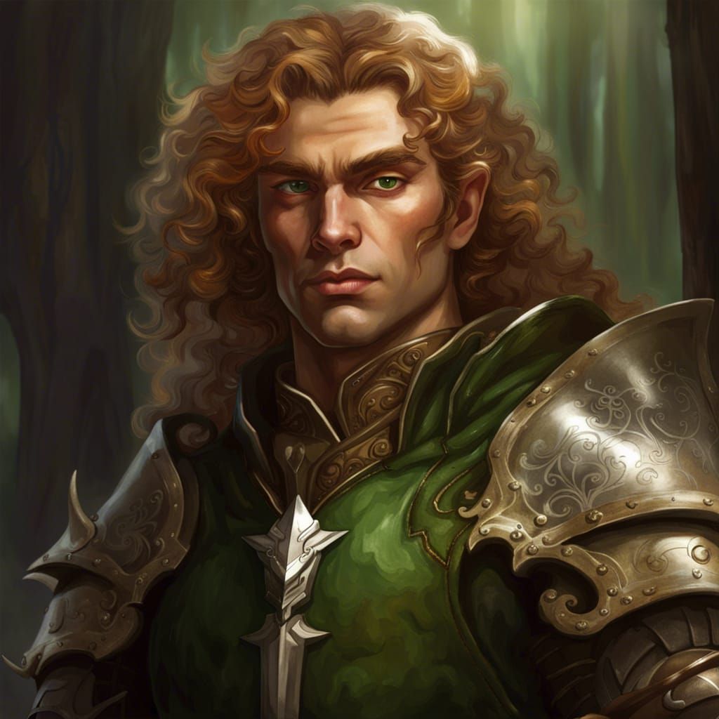 Elf like Knight with curly light brown hair with green eyes caramel ...