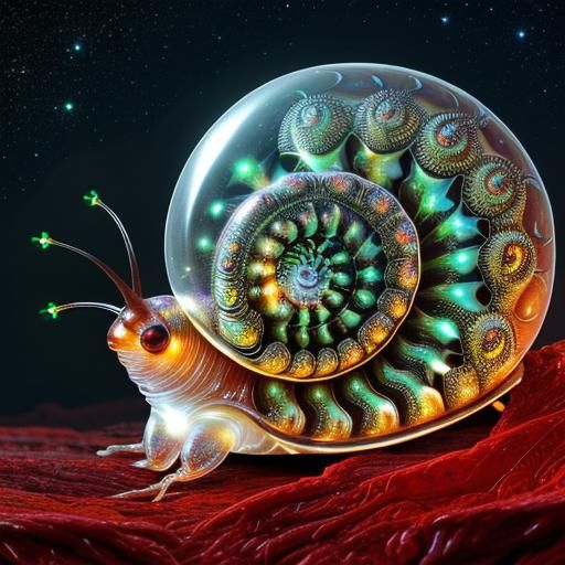 Transparent glass snail-shell filled with bioluminescent fractal plants ...