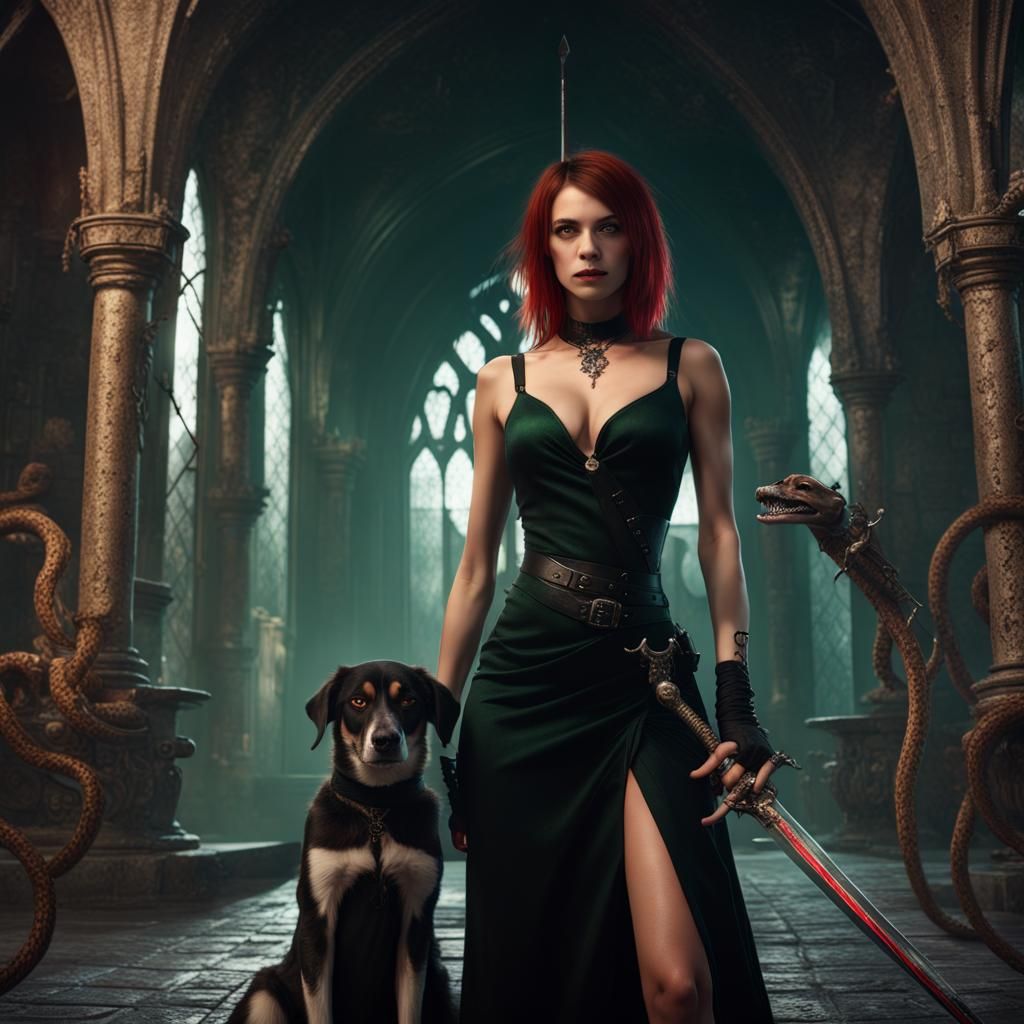 dangerous snake and dogs a girl in a black low-cut dress and...