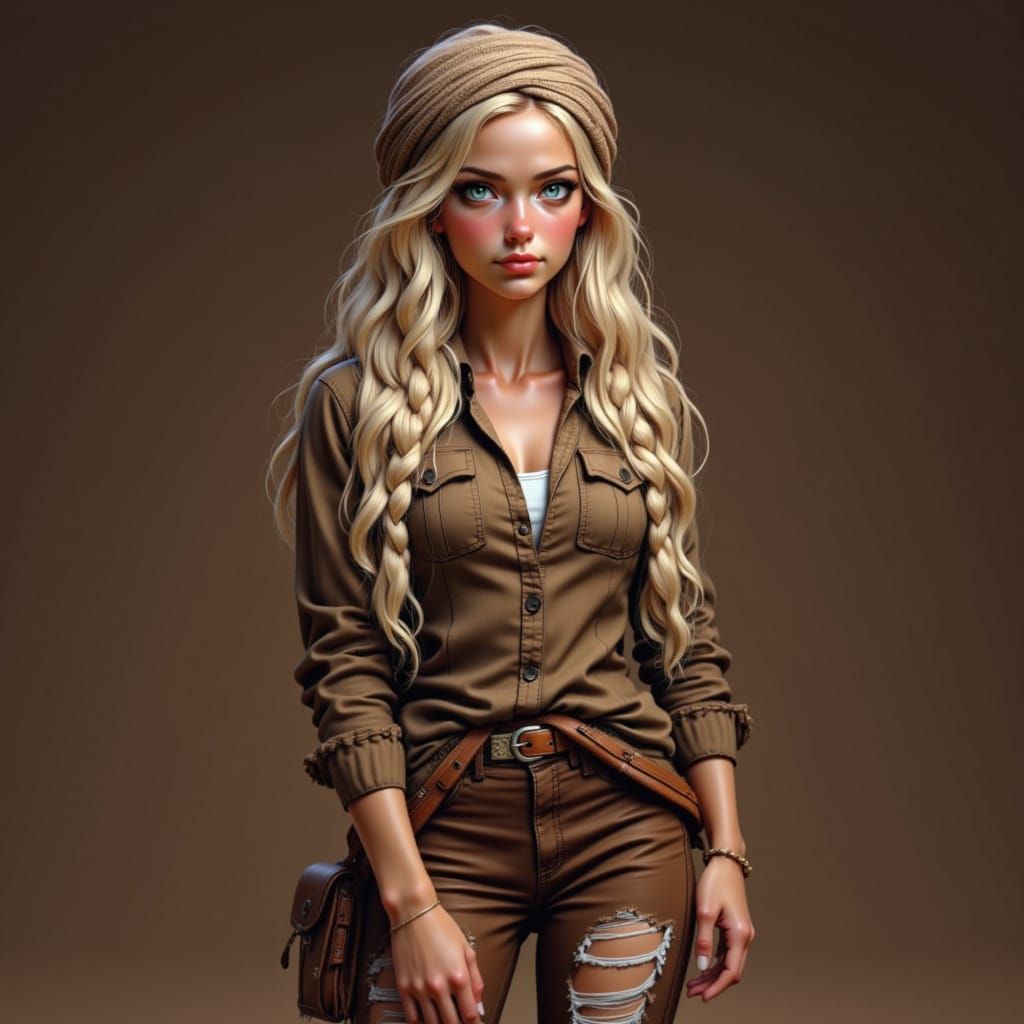 A digital glossy realistic full-body painting of a woman with Blond hair in a braid, wearing a Brown head wrap, Brown and Natural flannel sh...