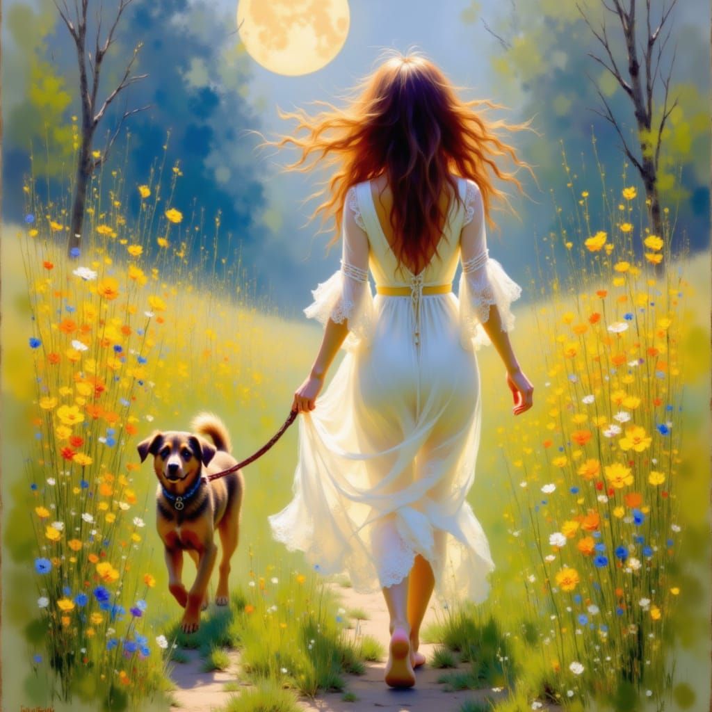 <lora:Impressionist Style:1.0> Beautiful woman,, long wavy and messy brown hair, walks with a puppy next to her, barefoot in the moonlight t...