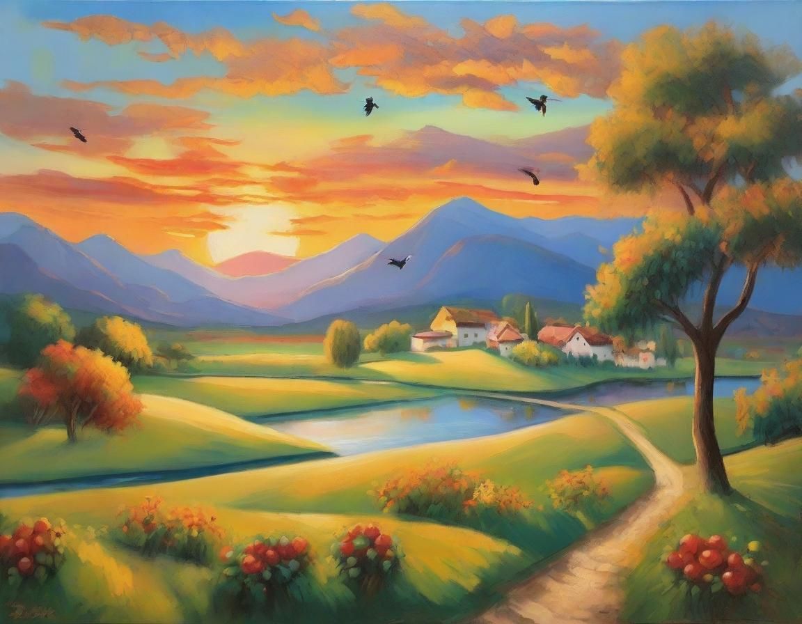 Serene Valley Village at Dusk: Oil Painting