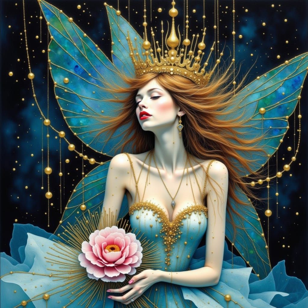 <lora:Fae:1.0> <lora:Surreal Shine:1.0> watercolor and metallic alcohol inks painting of a female fairy swimming underwater with flowers in ...