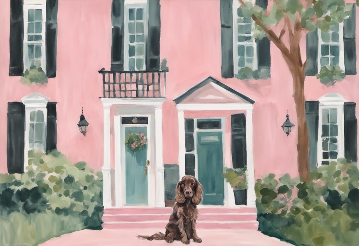 Boykin Cocker Spaniel in front of Pink Charelston Sc Home Color palette