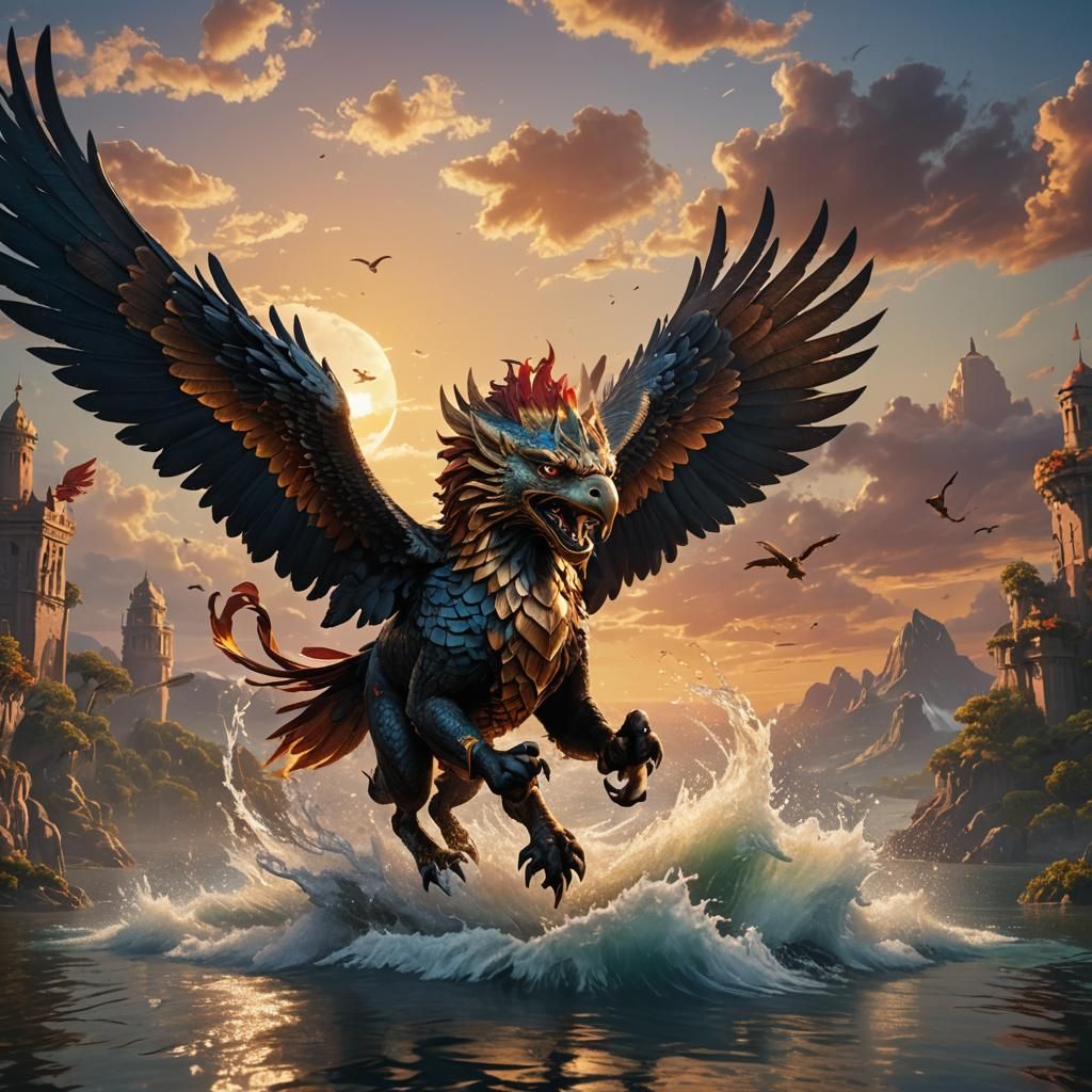 gryphon fighting  riding above the water with the sunset spa...