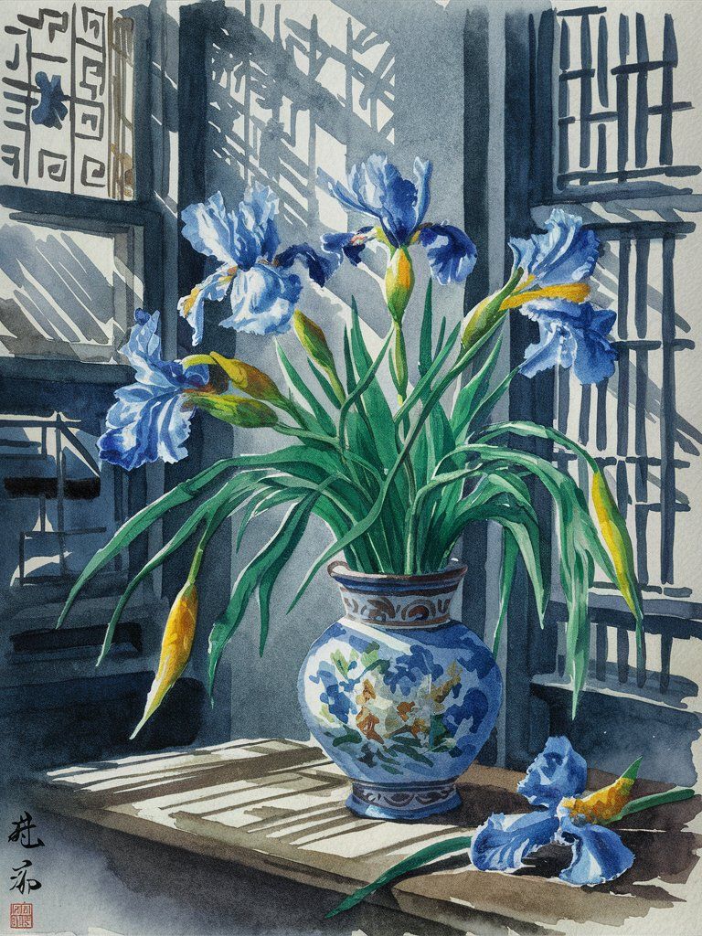 Watercolor painting of Irises.
