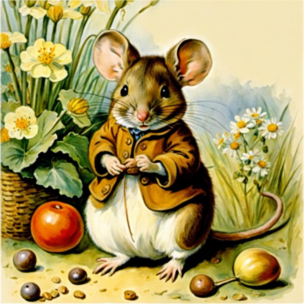 Cute brown mouse,  detailed illustration by Beatrix Potter, ...