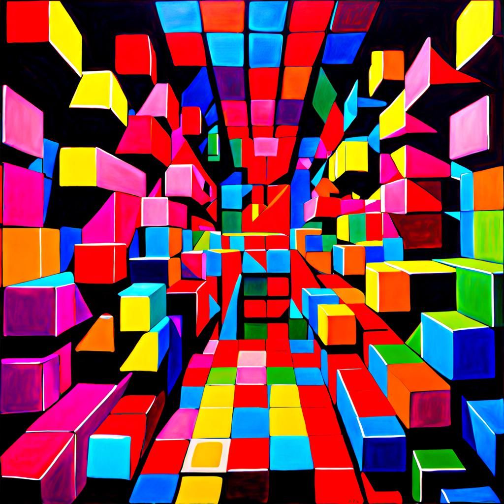 Well organized, compartmentalized, bright neon cubic, painting with