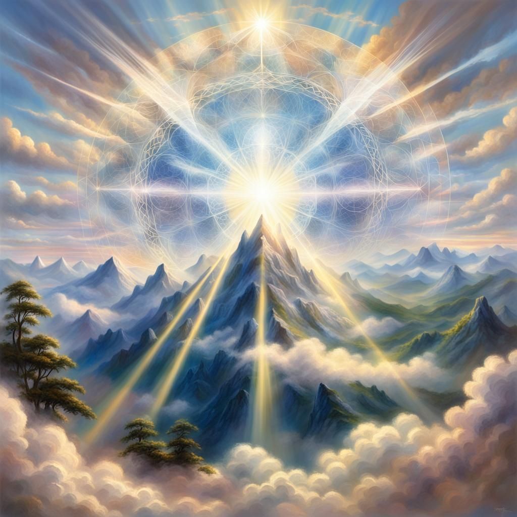 God shining light down on a mountain top, heavenly rays of l...