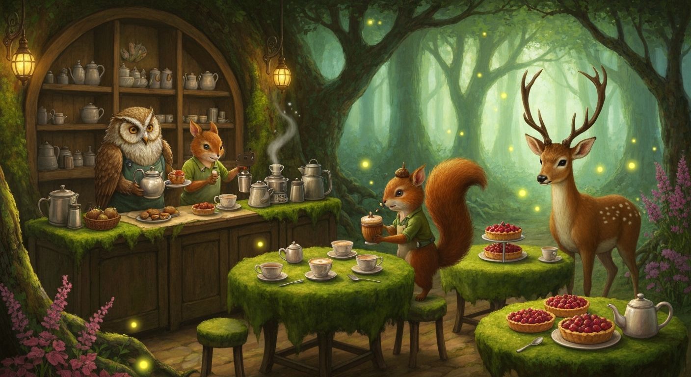 A woodland café run by mystical creatures  by @Shakaama