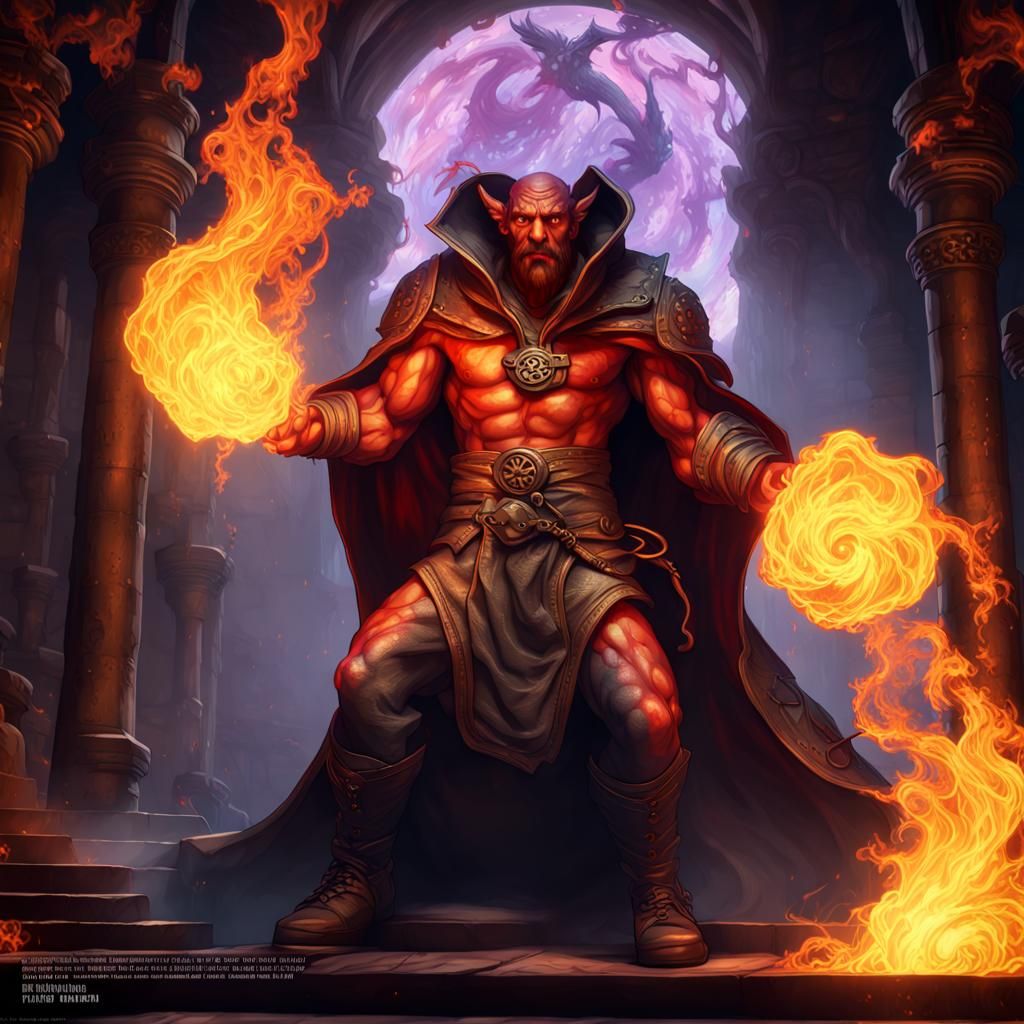 Humanoid Balrog Wizard casting fireball in a dungeon, 3/4 pan a ...