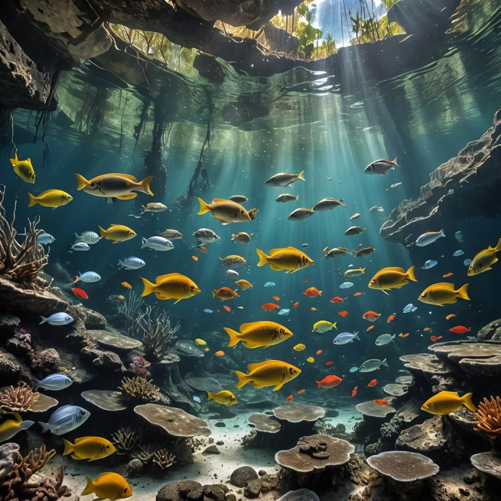 Fish eye view inside a beautiful cenote