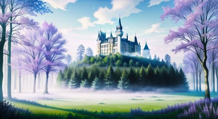 a gothic spring scene in a forest with a castle visible in t...