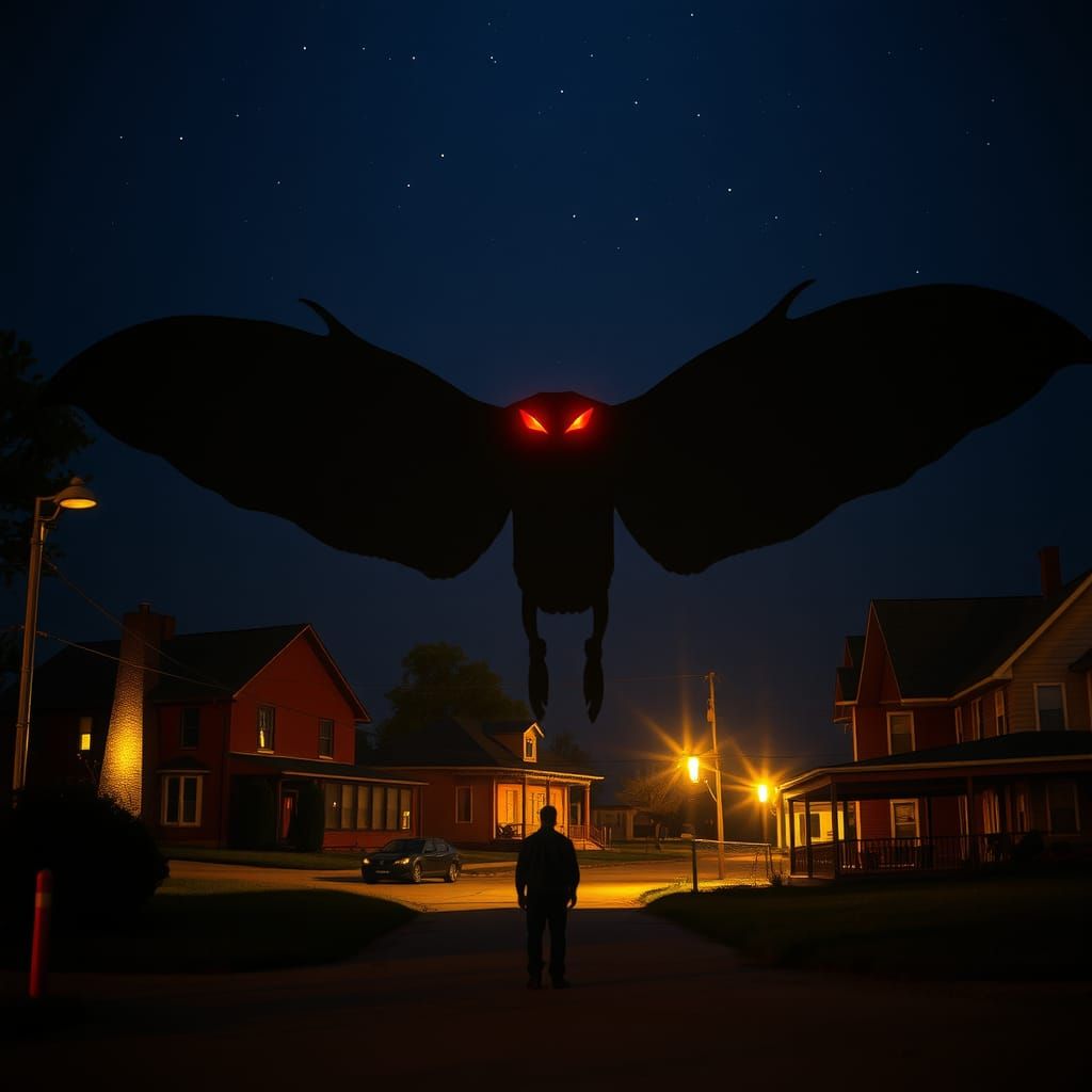 Mothman sighting at night in a small town