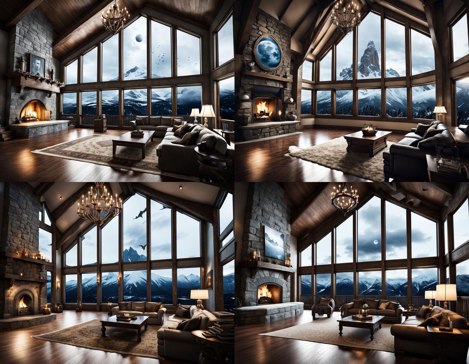 Game of thrones, the north remembers, banners, Grand home room, big Windows, outside snowing, mountains, night, full blu...