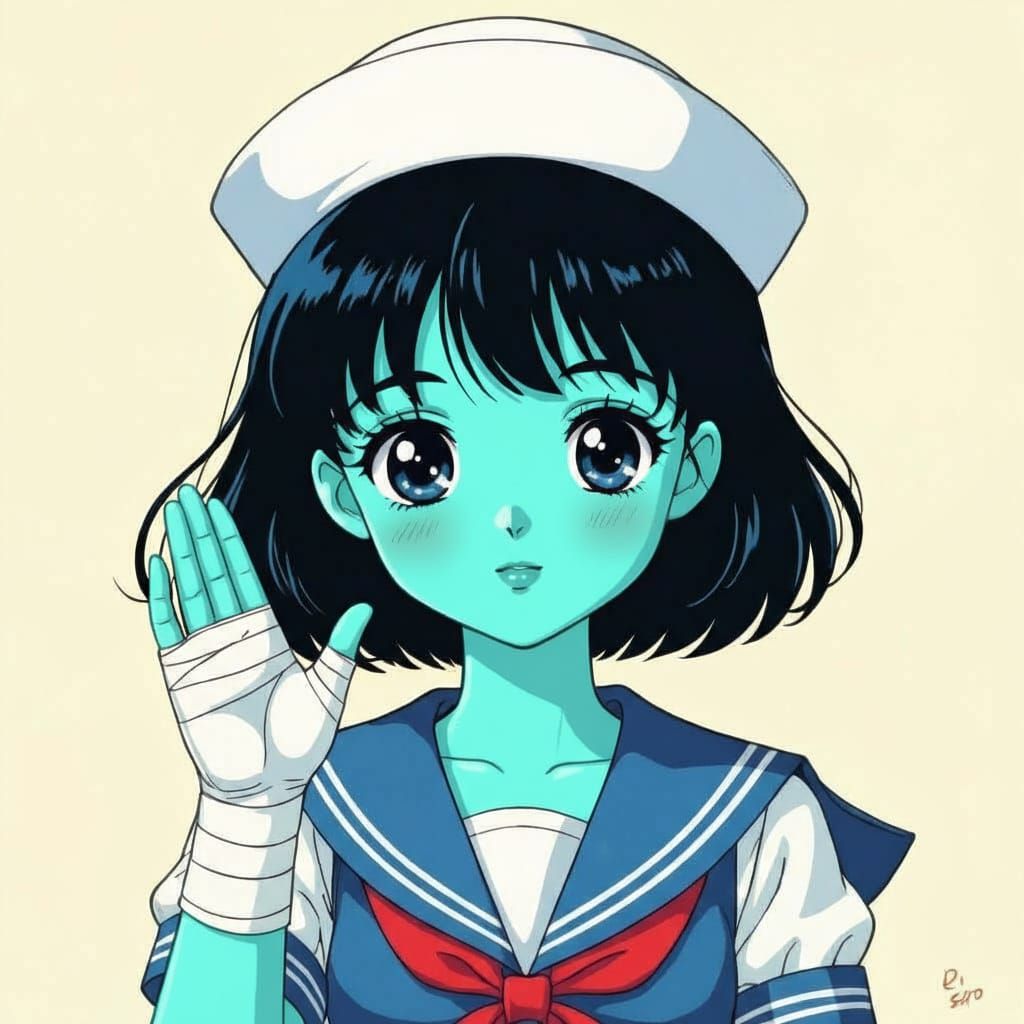 A blue doll girl with black hair a white bandage wrap on her hand. Her eyes are white and shiny.And she has a paper sailor hat. And a blue s...