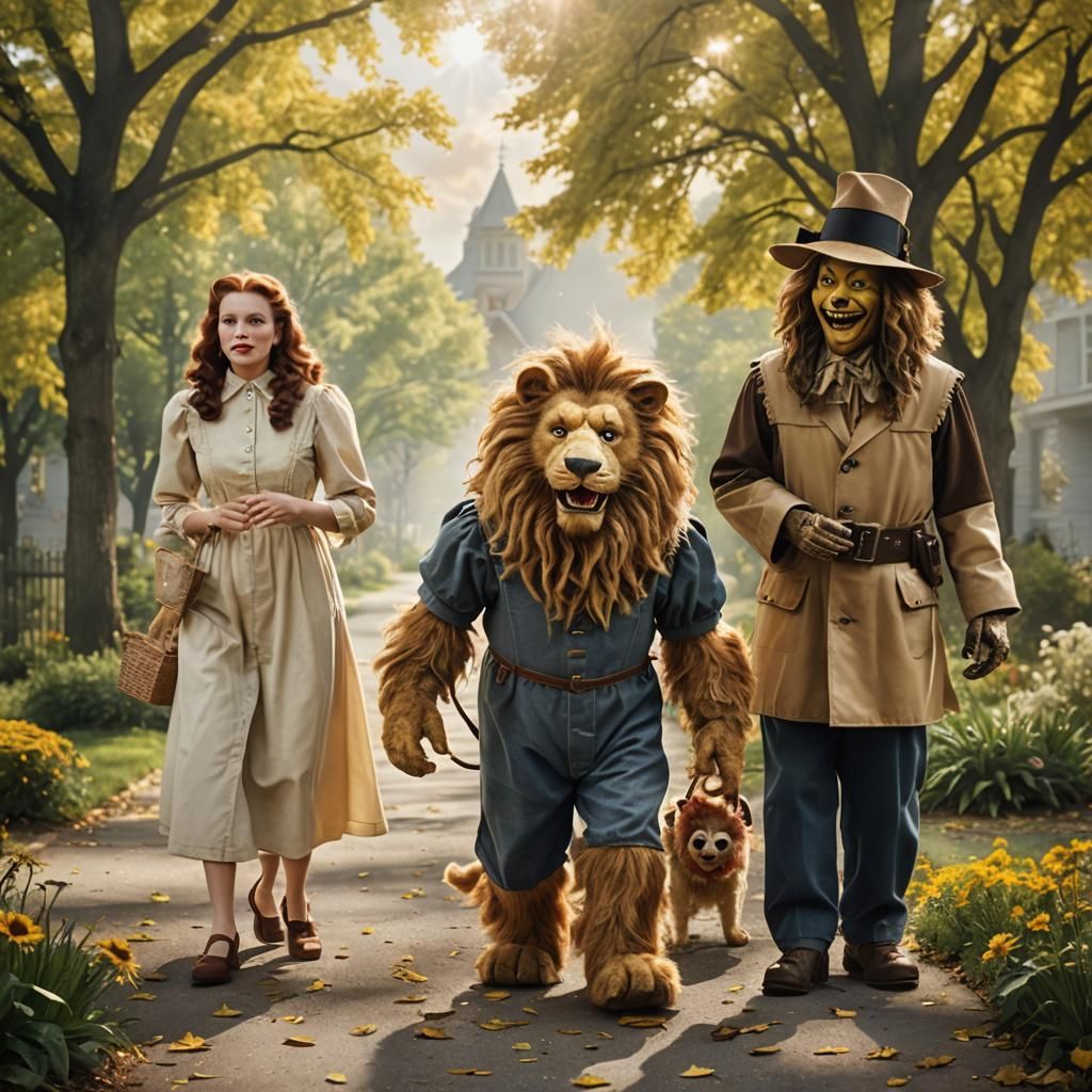 The hyperrealistic Cowardly Lion, Dorthy and Toto, and the S...