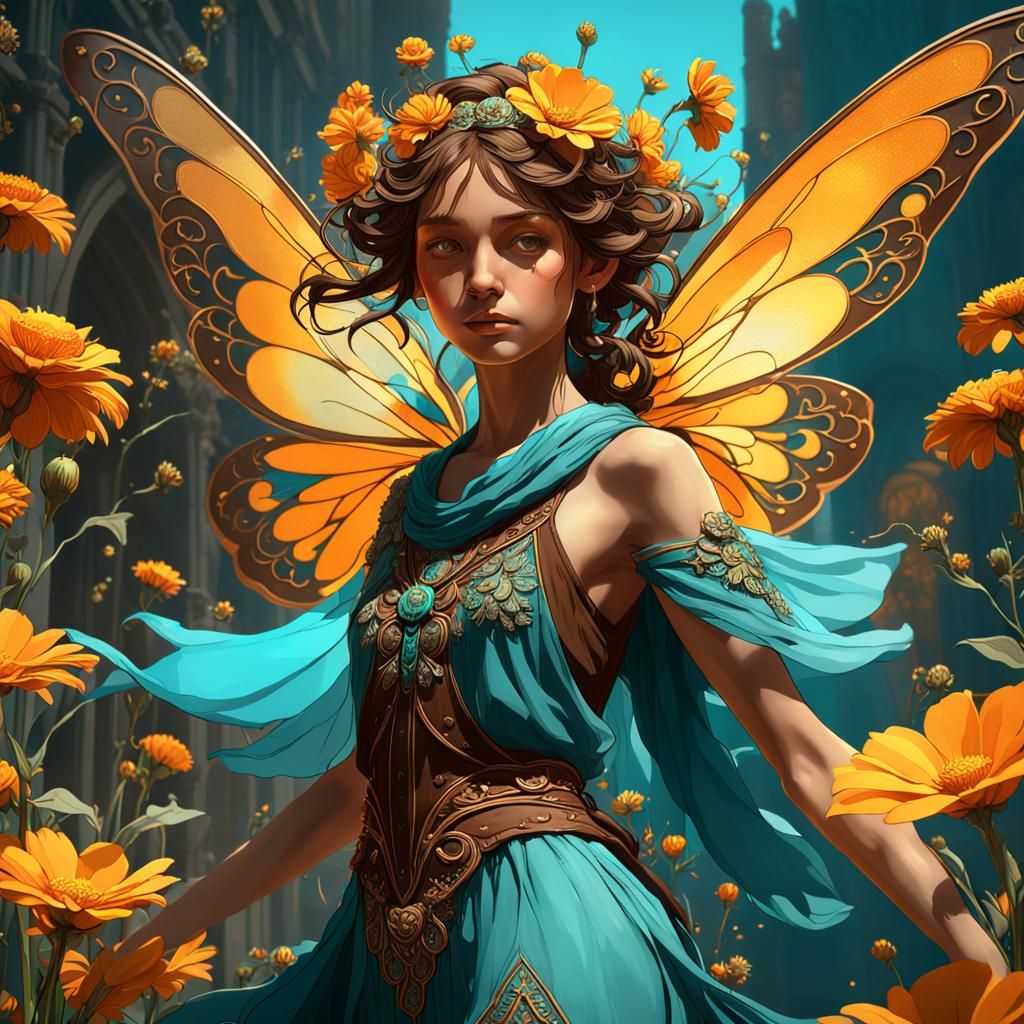 yellow flowers with brown fairies