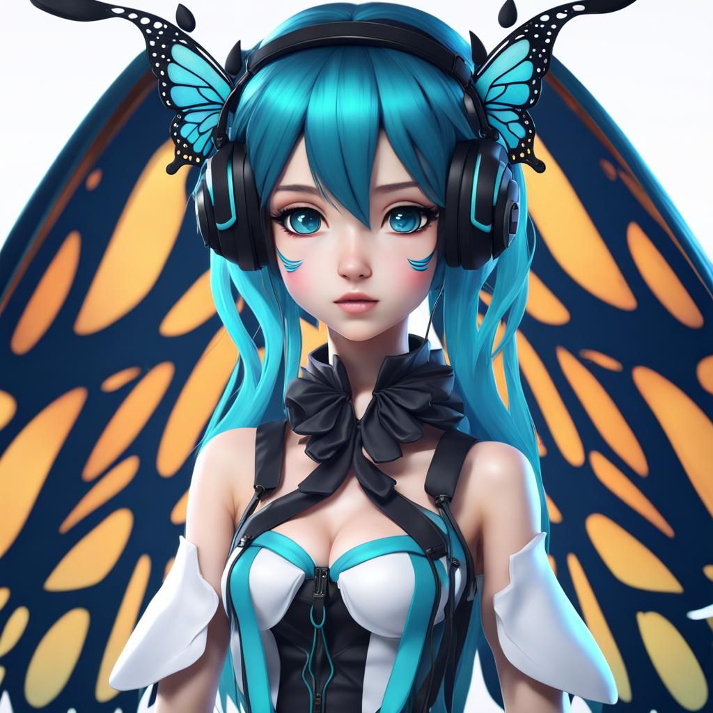 Chibi Hatsune Miku fairy black and dark blue hair monarch bu...