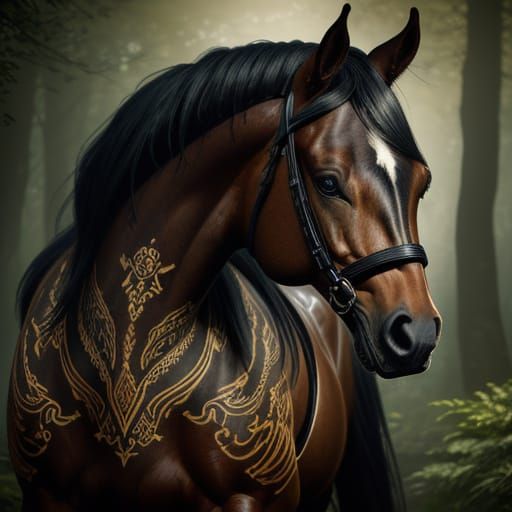 Photorealistic Equine Portrait with Tattoo Art Detail