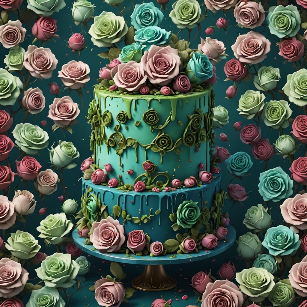 a blue and green cake covered in roses
