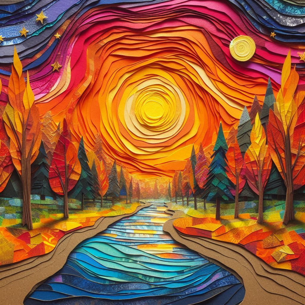 Autumn landscape in mixed-media collage