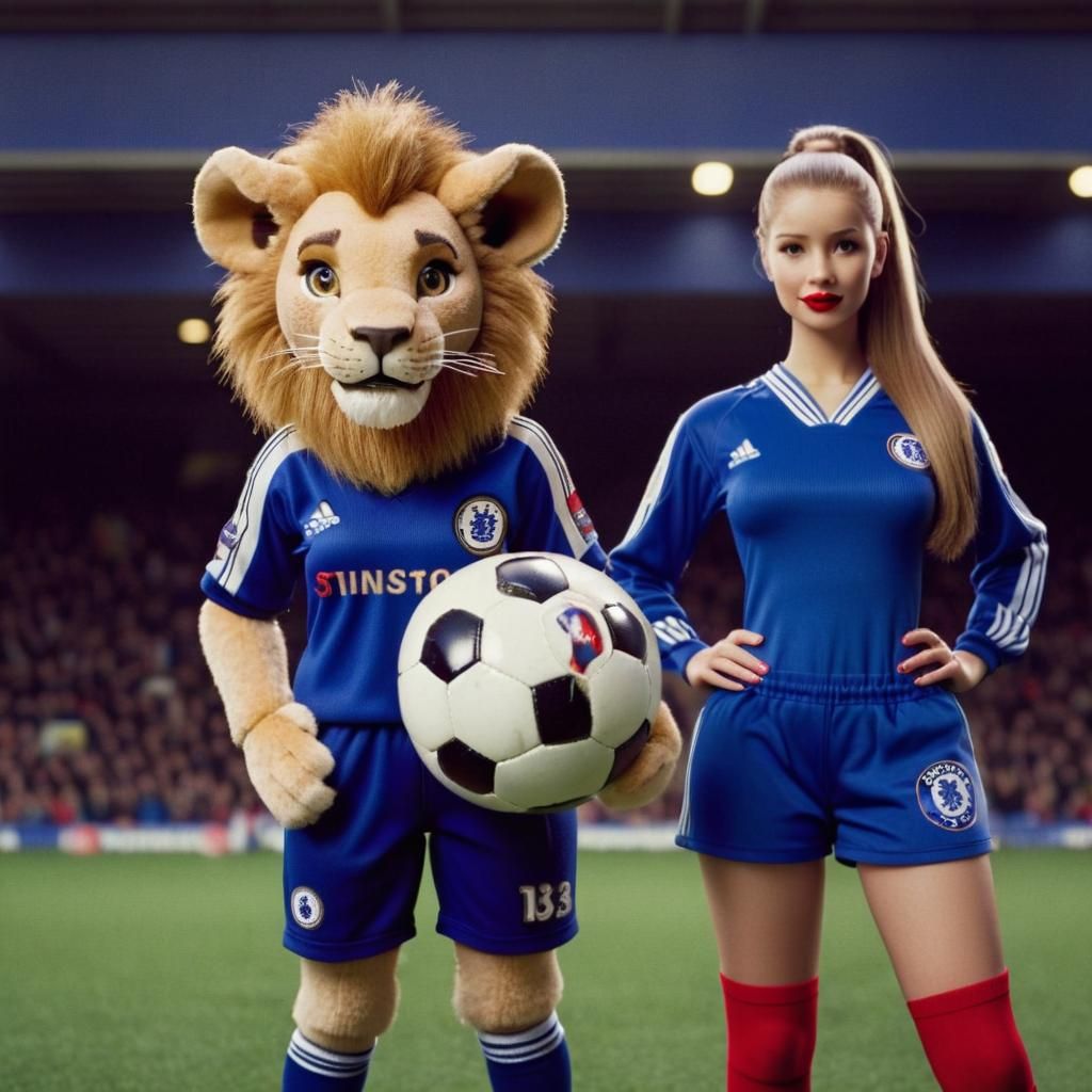 Chelsea FC Barbie with Stamford the Lion mascot of Chelsea F...