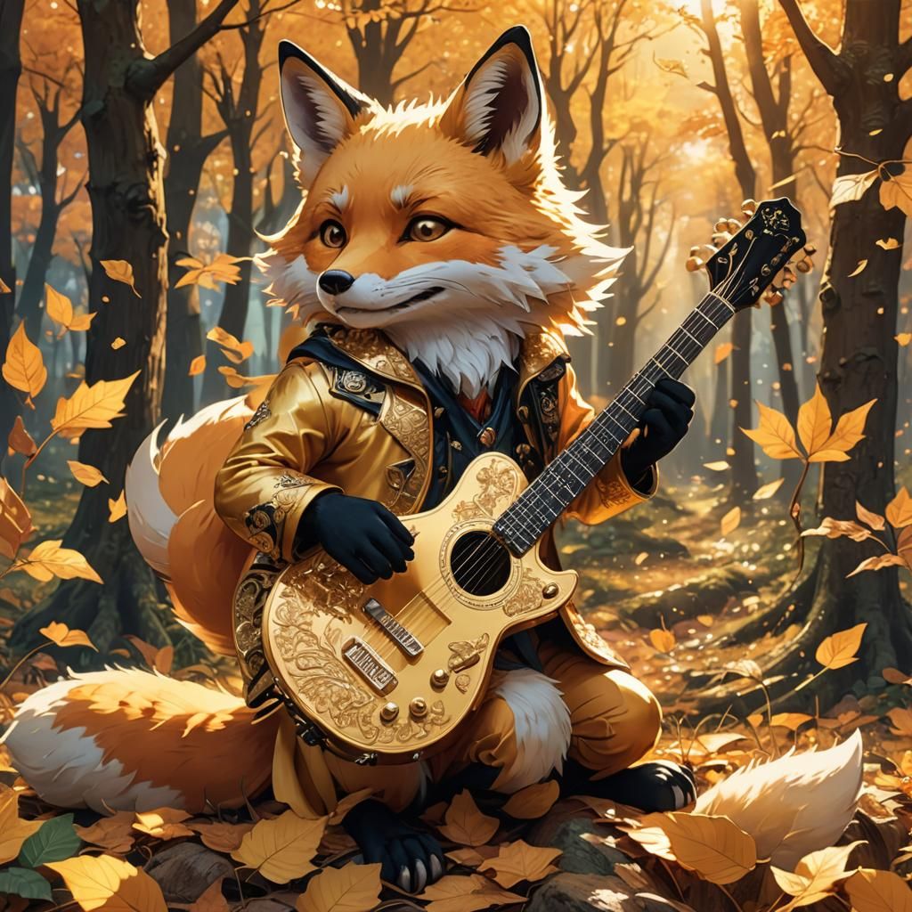 Anime Fox Plays Golden Guitar in Autumn Forest