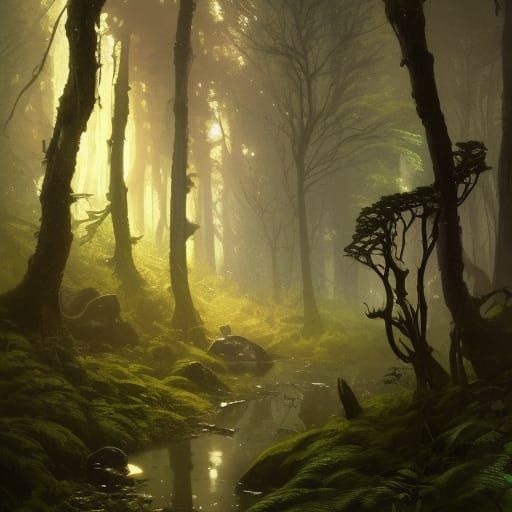 Dripping moonlight over a mossy forest path - AI Generated Artwork ...