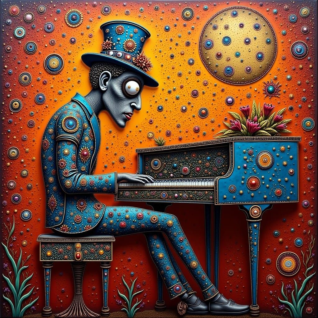 elton john sitting at the piano wearing very detailed jeweled outfit, <lora:MIXED EMOTIONS:1.0>Surreal Maximalist ABORIGINAL folk-art, clutt...