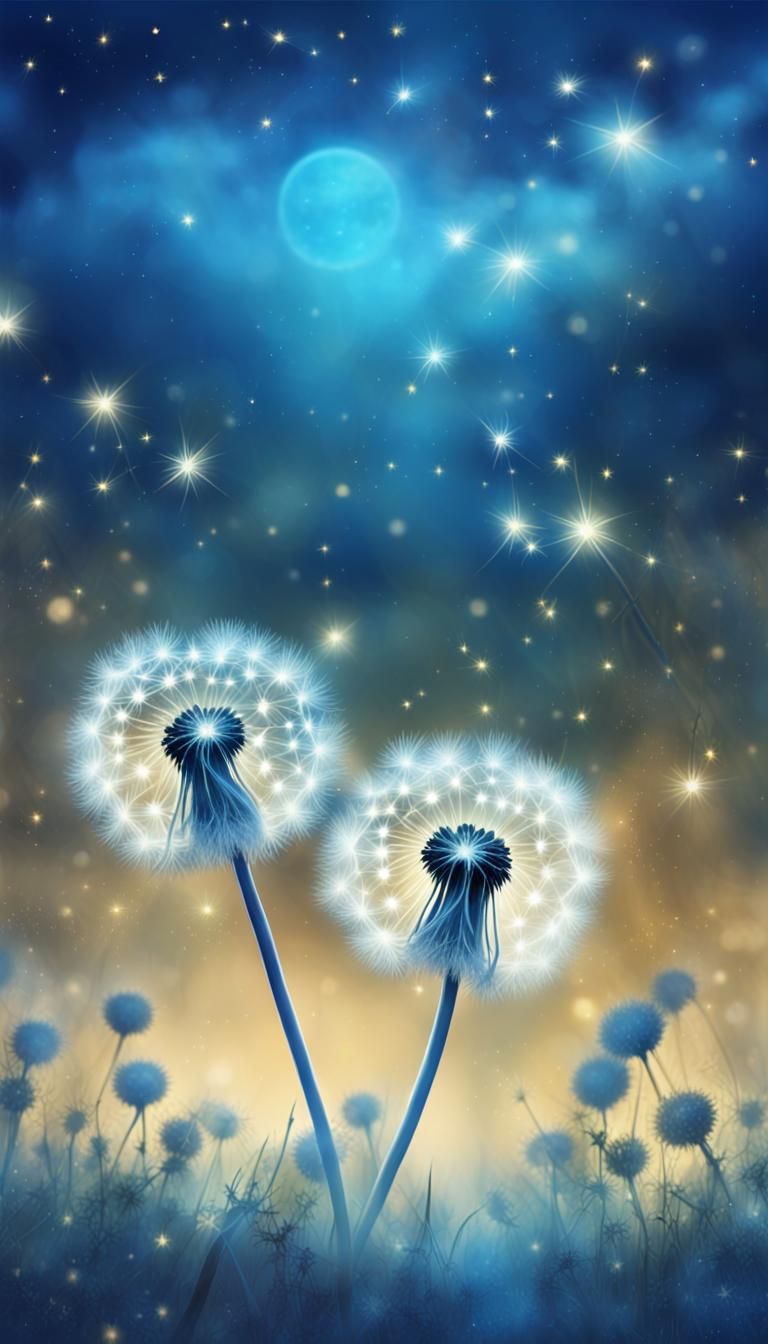 **A beautiful illustration of two dandelions glowing in blue light ...