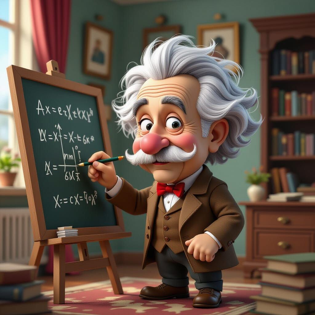 Caricature of Albert Einstein with oversized features, writing formulas on a chalkboard  by @Vaxo