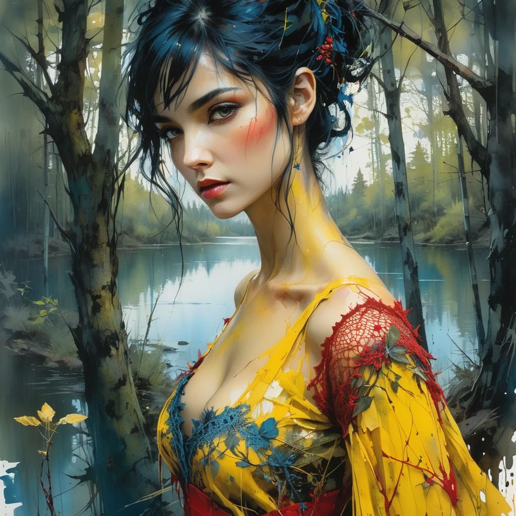 Stunning,  woman, in yellow red blue colors,  dress with lac...