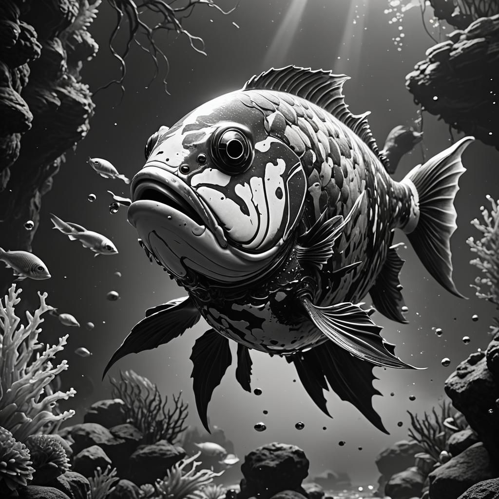 A black-and-white image of a fish who's a superhero