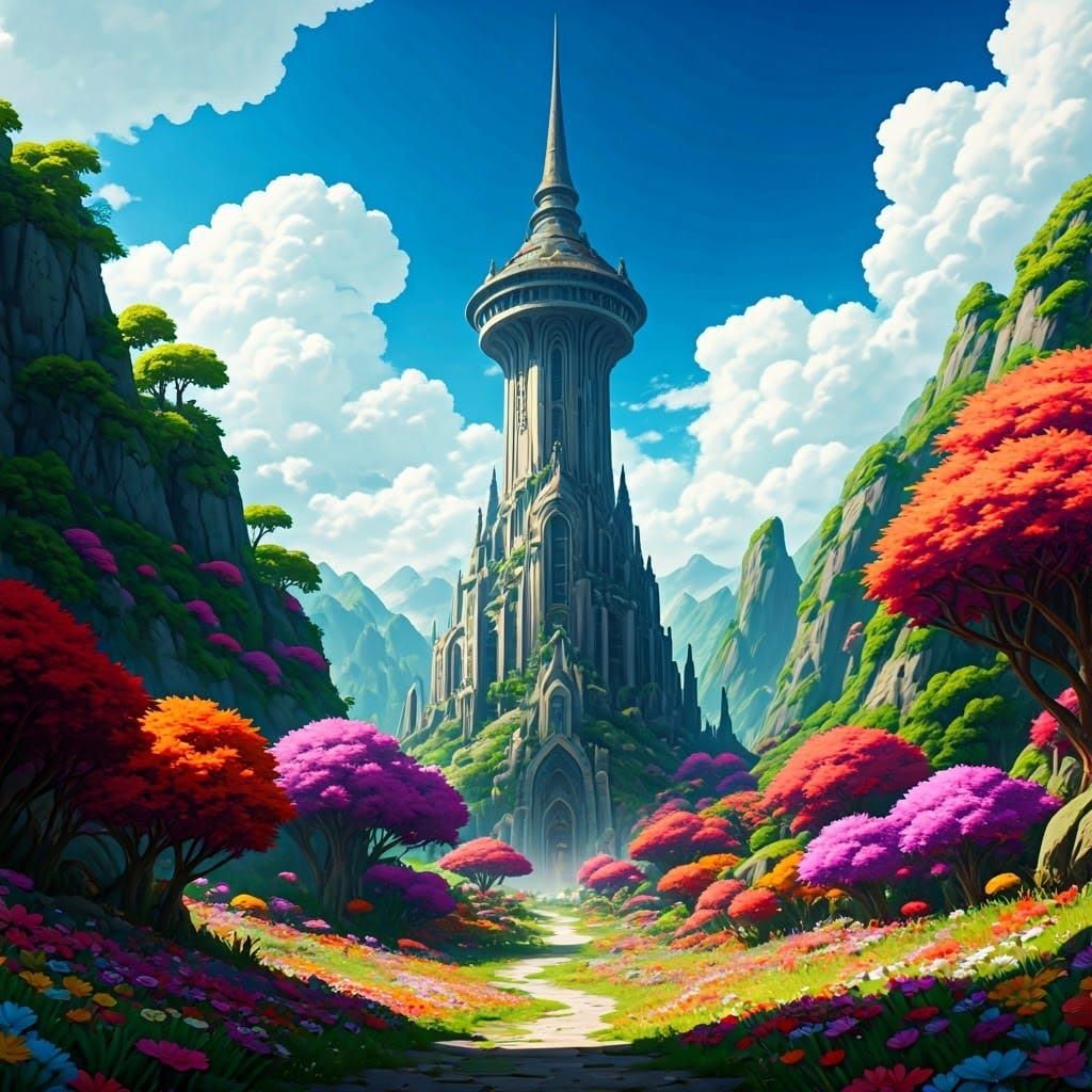 Majestic Tower Surrounded by Vibrant Floral Wonders in a Dre...