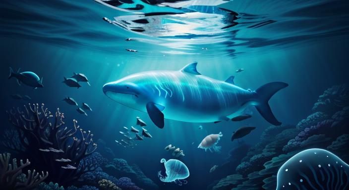 Underwater view of a huge fantastical glowing transparent gl...