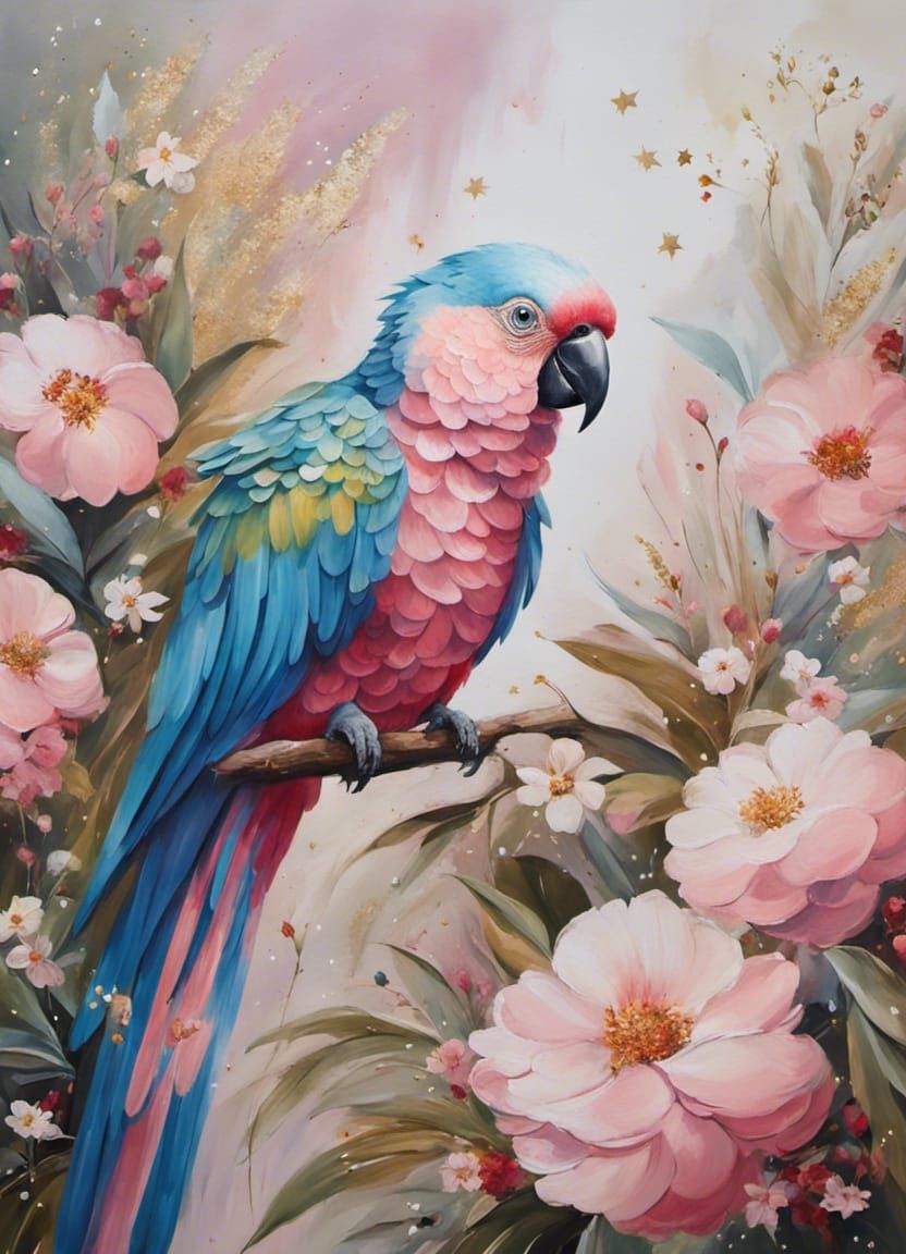 A beautiful oil painting with clear brushstrokes,  a parrot ...