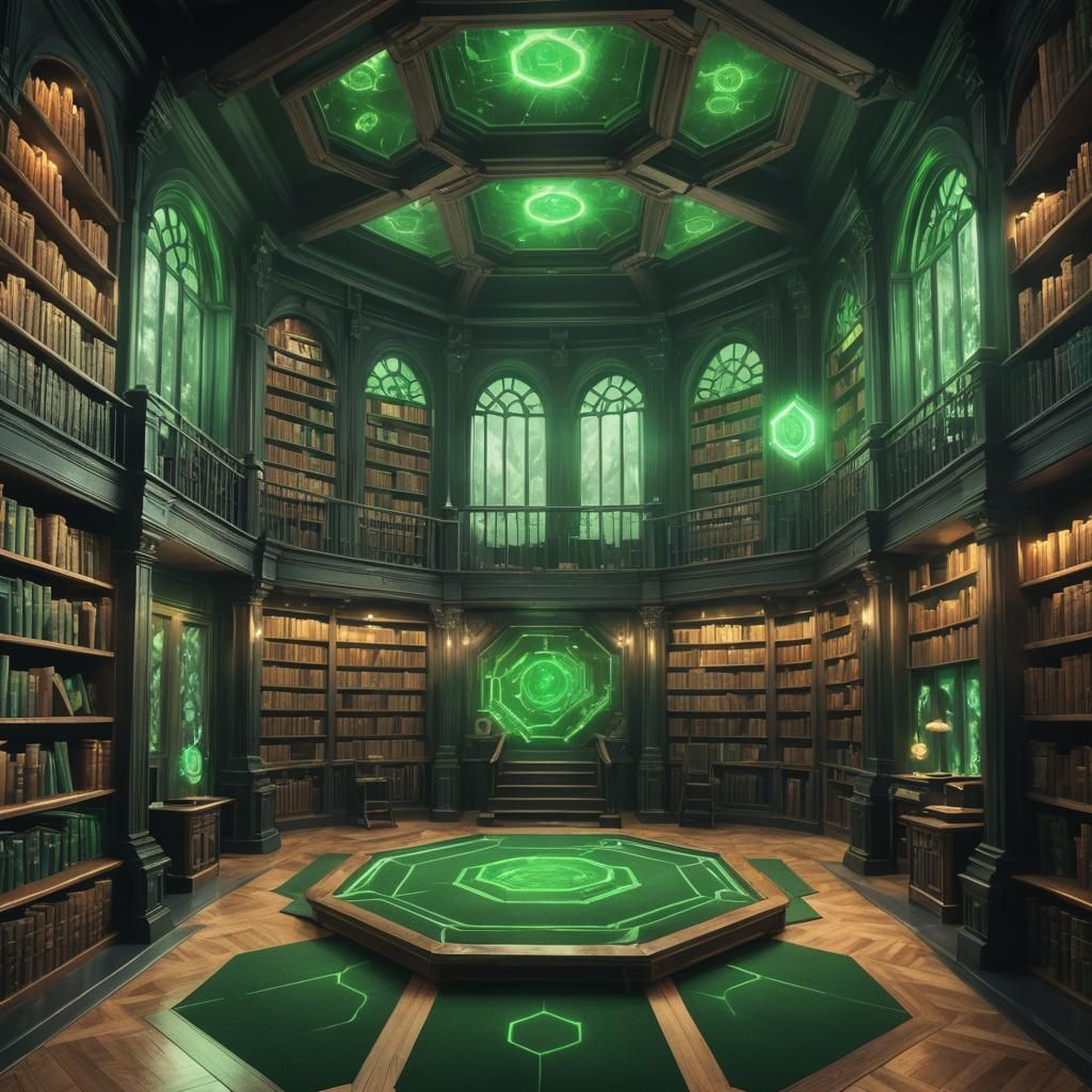 inside a hexagonal bioluminescent Green Cypress Library Cham...