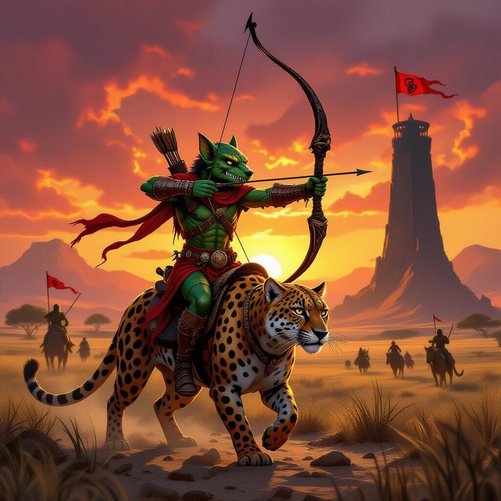 A very small wicked kobold archer in the service of the Serpent lord of near harad with wild-dog like facial featurers,rusty brown,black spo...