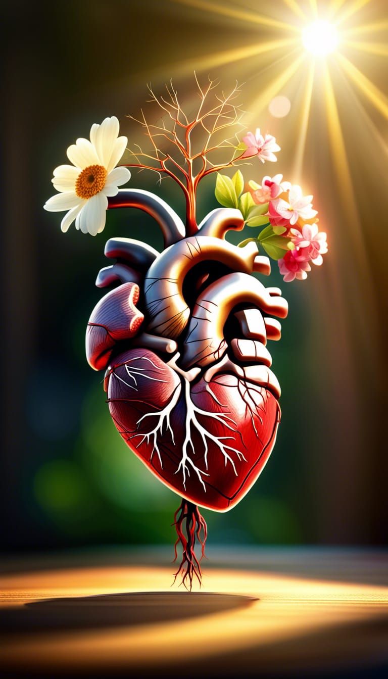 realistic anatomical human heart with roots coming out from the bottom