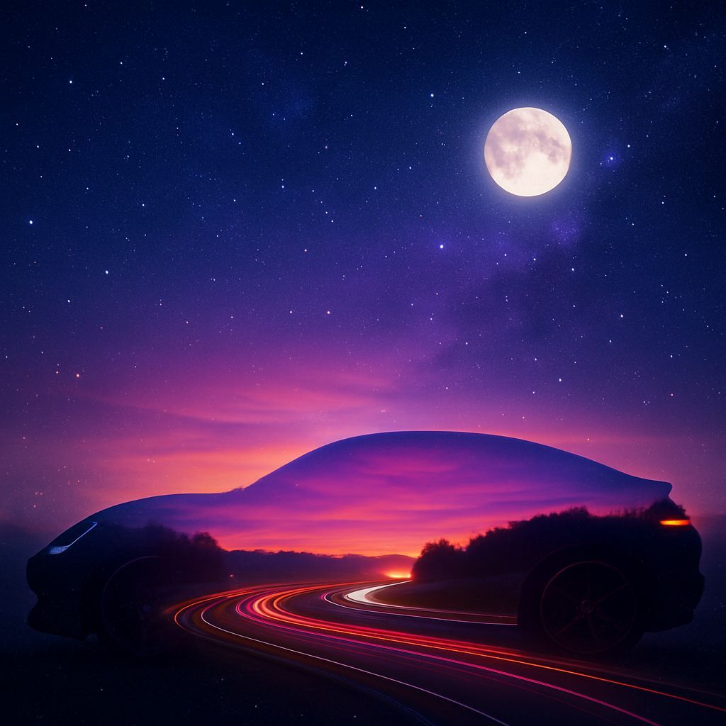 Dreamy Car Silhouette Under Cosmic Sunset